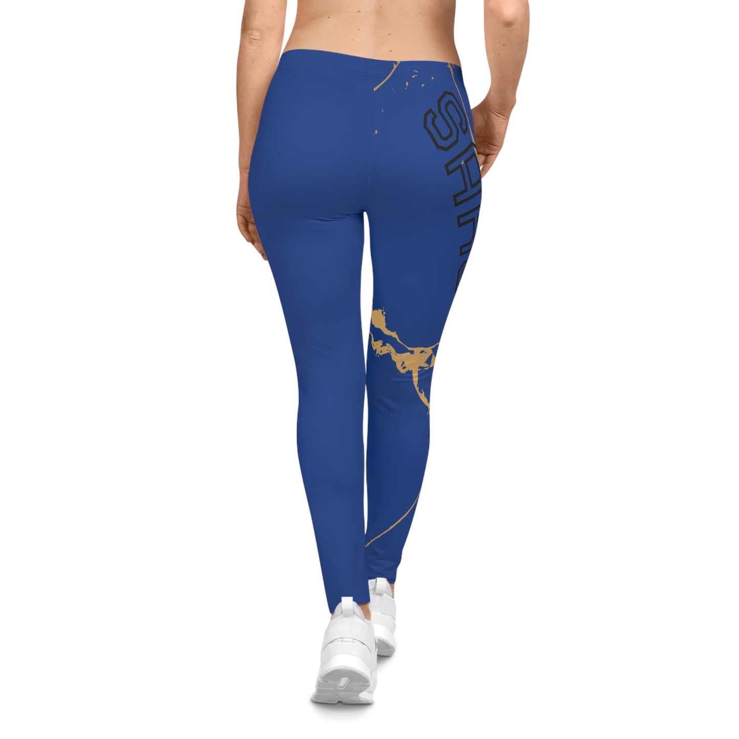Ptahra B Women's Casual Blue Leggings with Golden Marble Design
