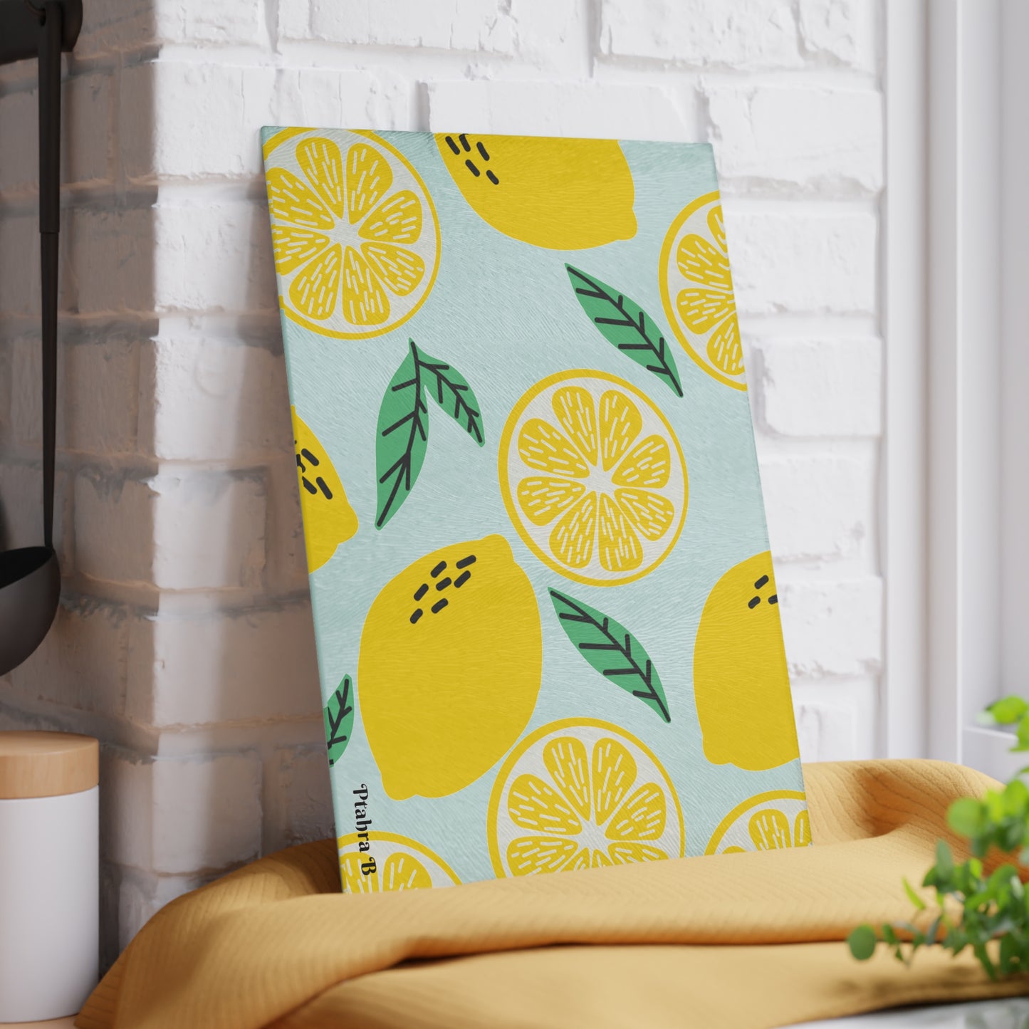 Ptahra B Citrus Lemon Glass Cutting Board | Kitchen Decor, Gift for Chefs, Cooking Essentials, Lemon Lover Gift, Summer Party Supplies