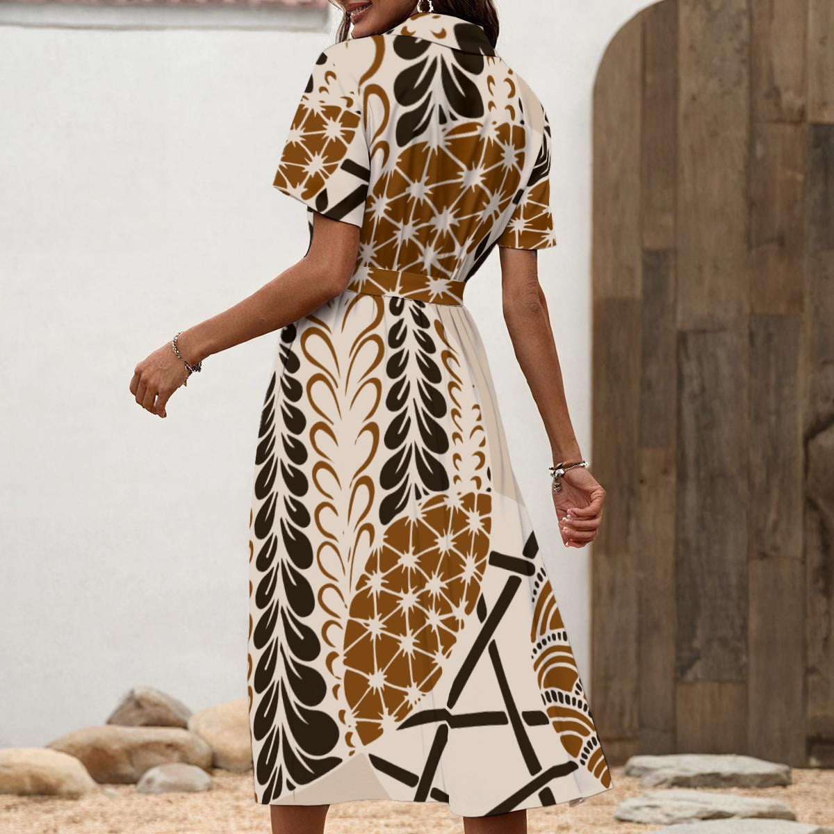 Ptahra B Women's Black Line/Brown Leaf Floral Shirt Dress with Waist Tie