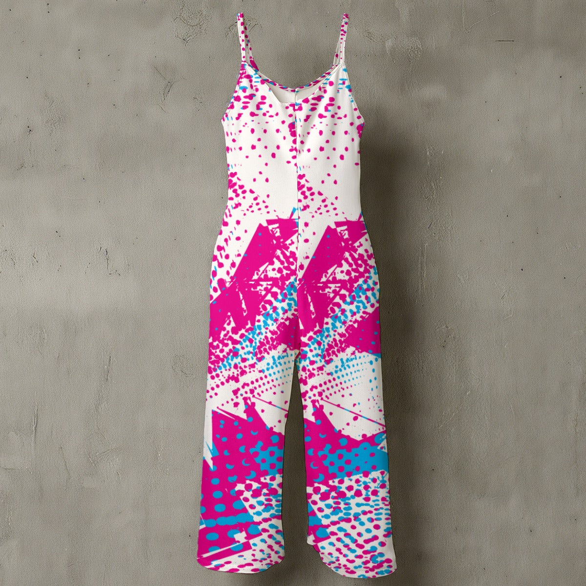Ptahra B Women’s white/Deep Pink/Baby Blue Spaghetti Strap Wide-Leg Jumpsuit