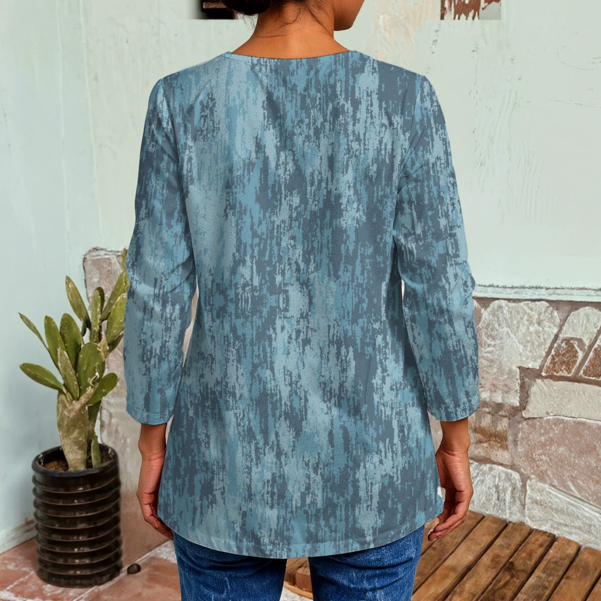 Ptahra B Women's Blue Smudge Paint Style Faux Sweater Cardigan