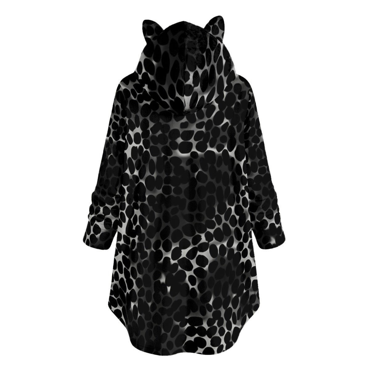 Ptahra Women's Black Leopard Design Flannel Hoodie with Cat Ears