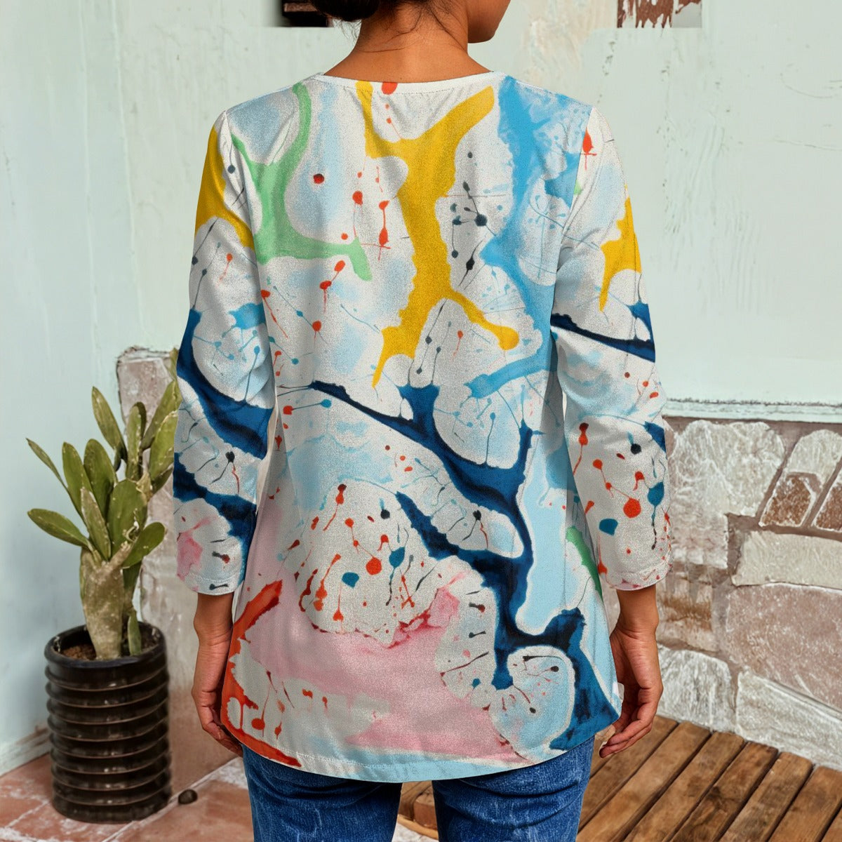 Ptahra B Women's Splash Art Faux Sweater Cardigan