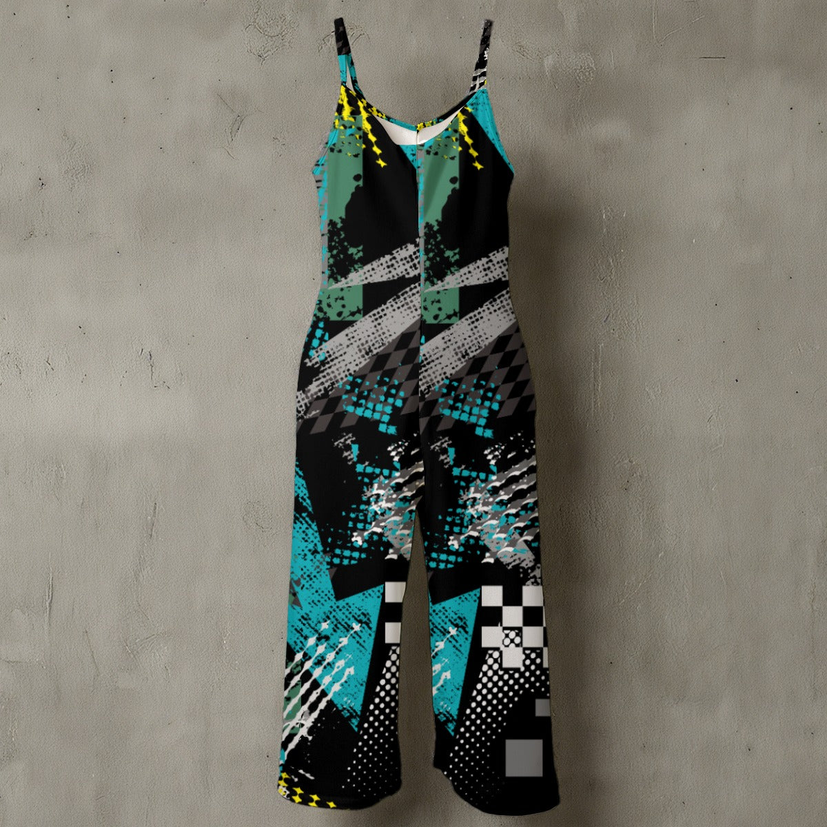 Ptahra B Women’s Black/multi-Color with Yellow Spaghetti Strap Wide-Leg Jumpsuit