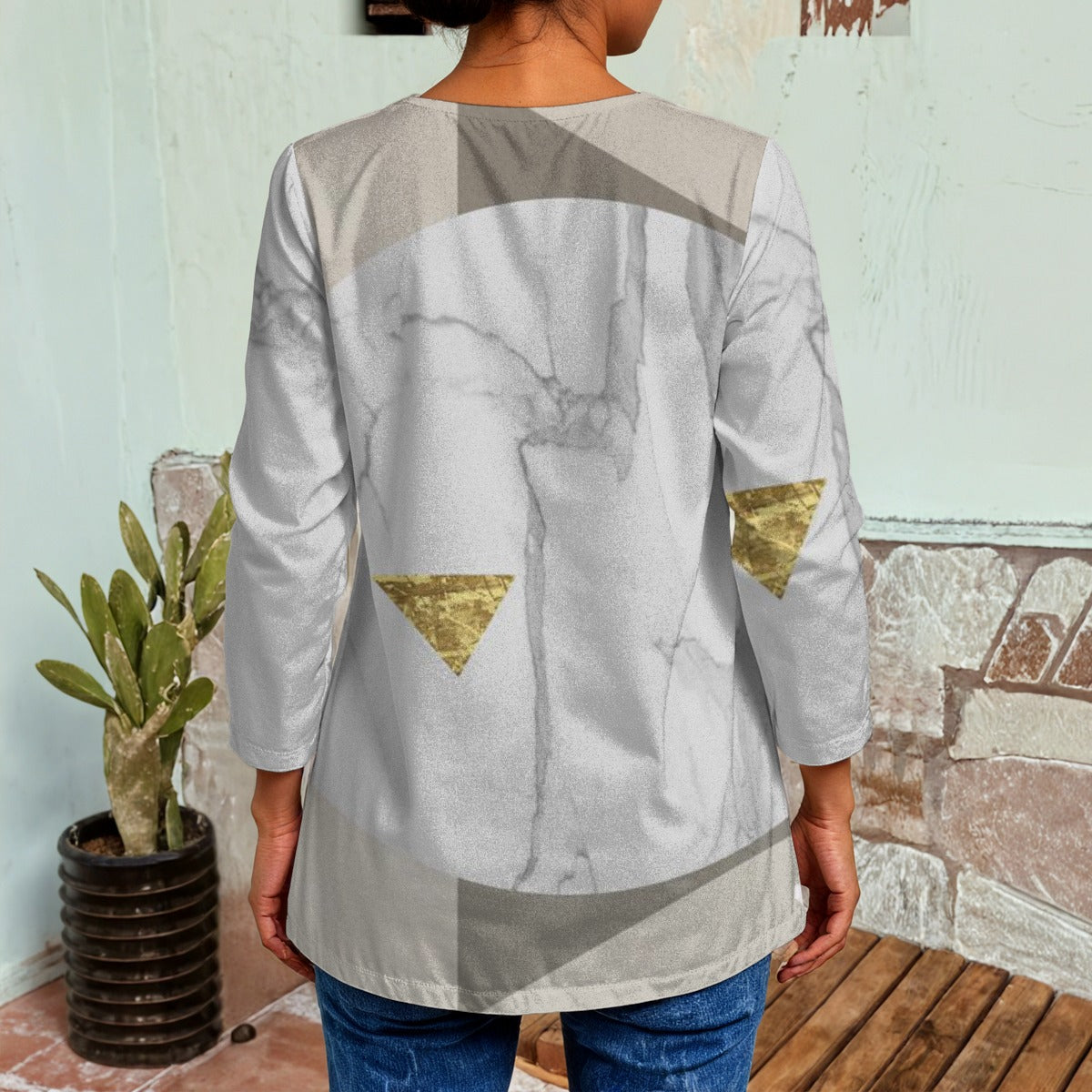 Ptahra B Women's Grey/Gold Triangles Faux Sweater Cardigan