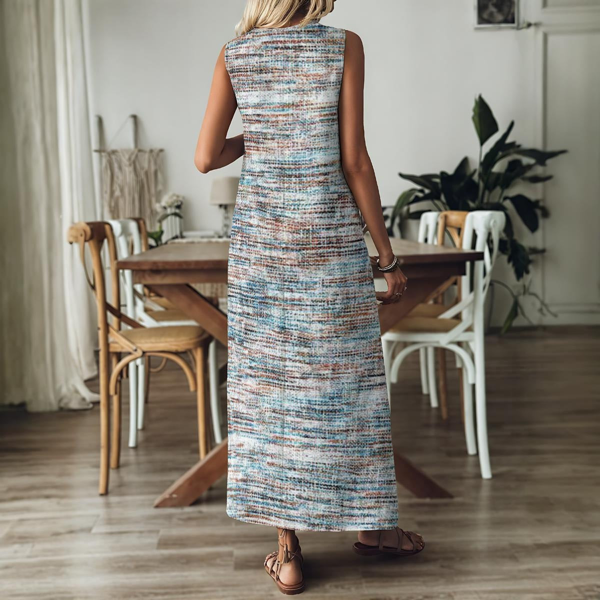 Ptahra Women's Multi-Color Line Pattern V-Neck Long Dress