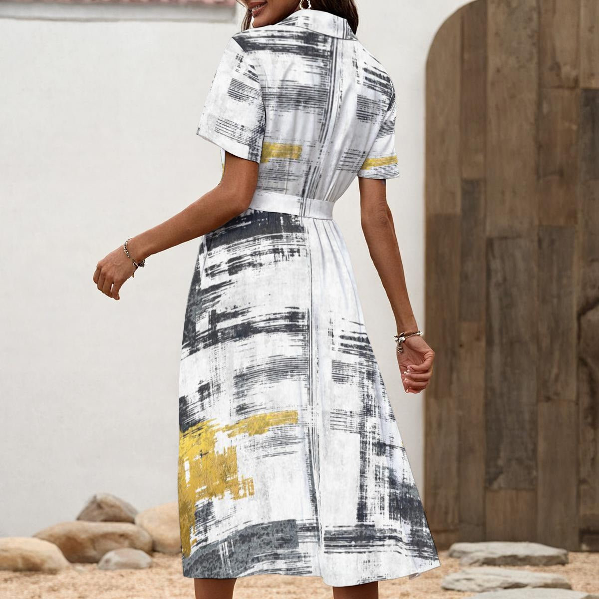 Ptahra B Women's Brush Stroke Pattern Shirt Dress with Waist Tie