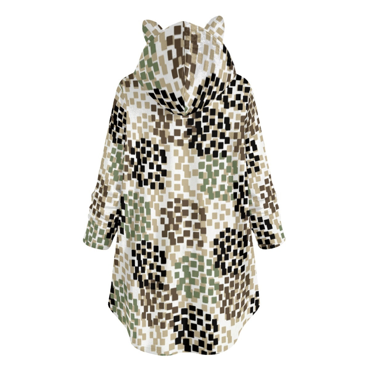 Ptahra Women's Multi-Color Squares in Circle Pattern Flannel Hoodie with Cat Ears