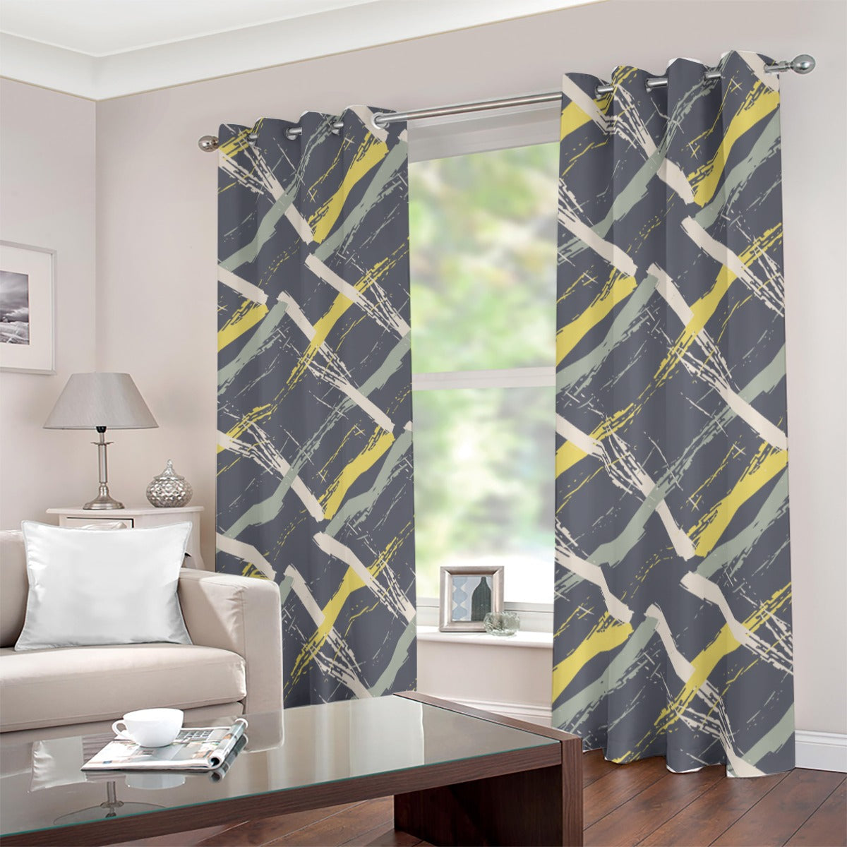Ptahra Grey/yellow/White Line Pattern Blackout Grommet Curtains