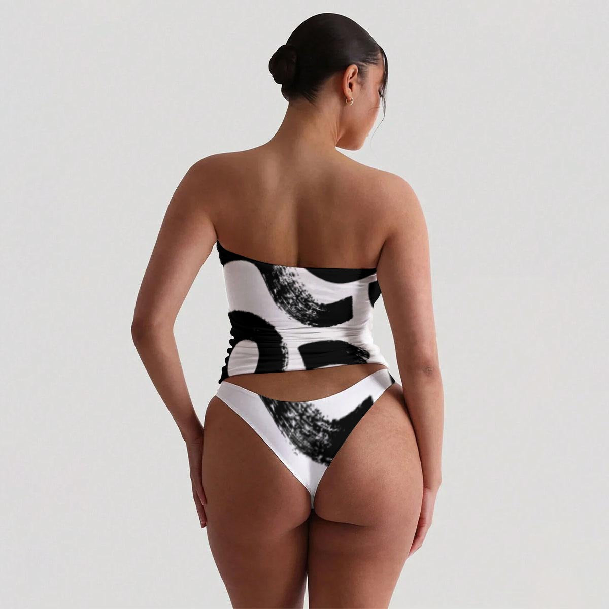 Ptahra Women's White/Black Pattern Strapless Tube Top Set