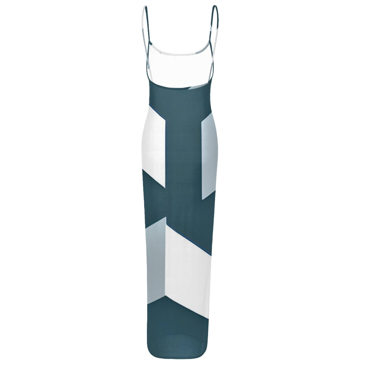 Ptahar B Women's Blue/White Sheer Mesh Backless Spaghetti Strap Maxi Dress