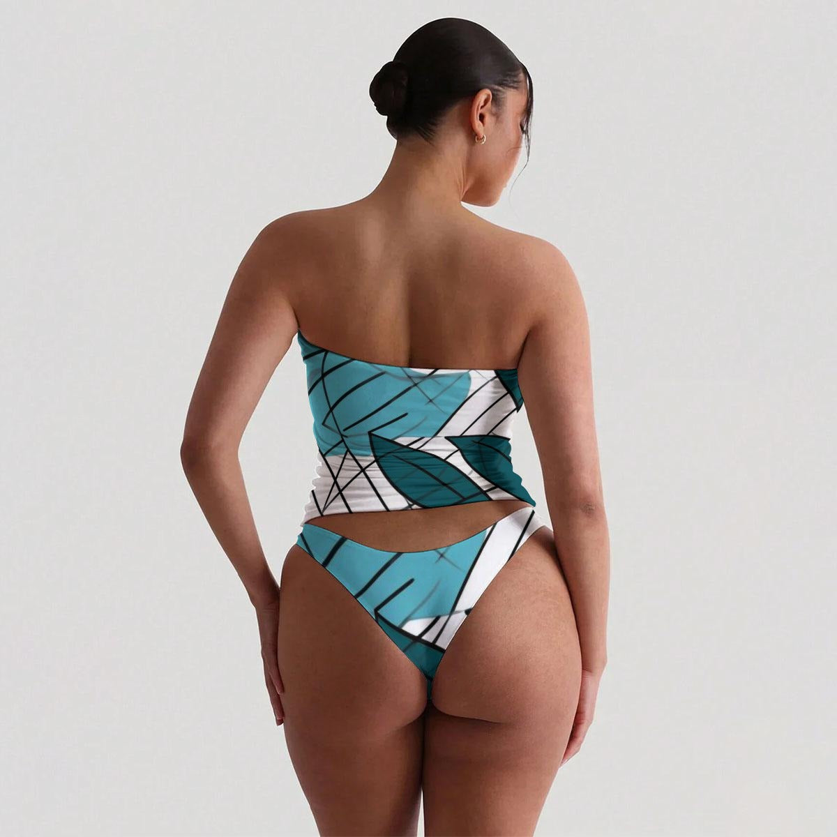 Ptahra Women's White/Blue Floral Strapless Tube Top Set