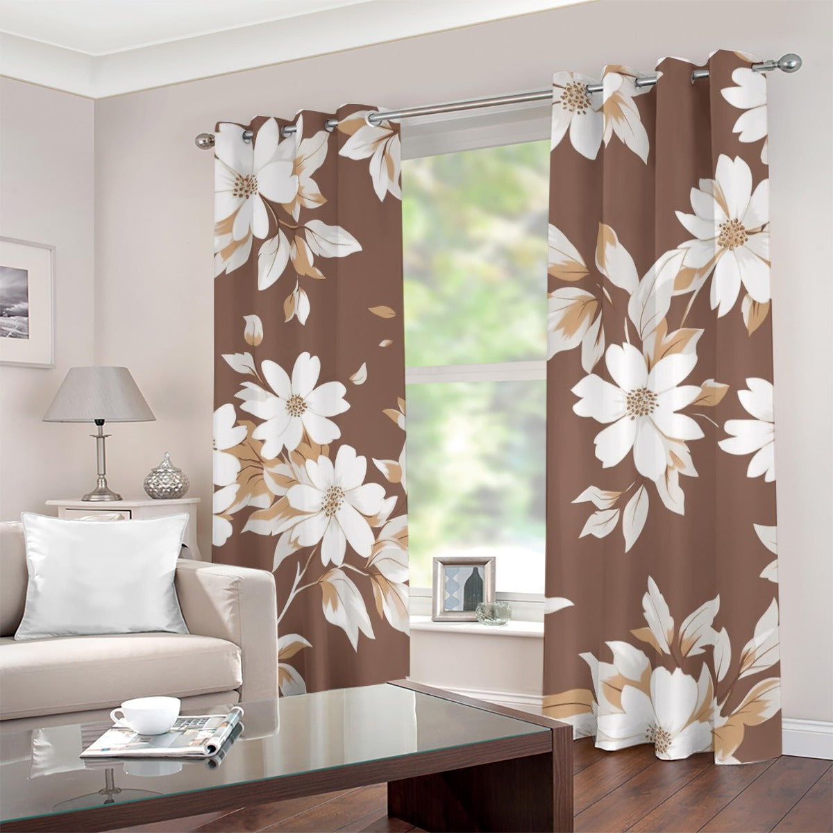 Ptahra Brown/White Floral Leaf Blackout Grommet Curtains
