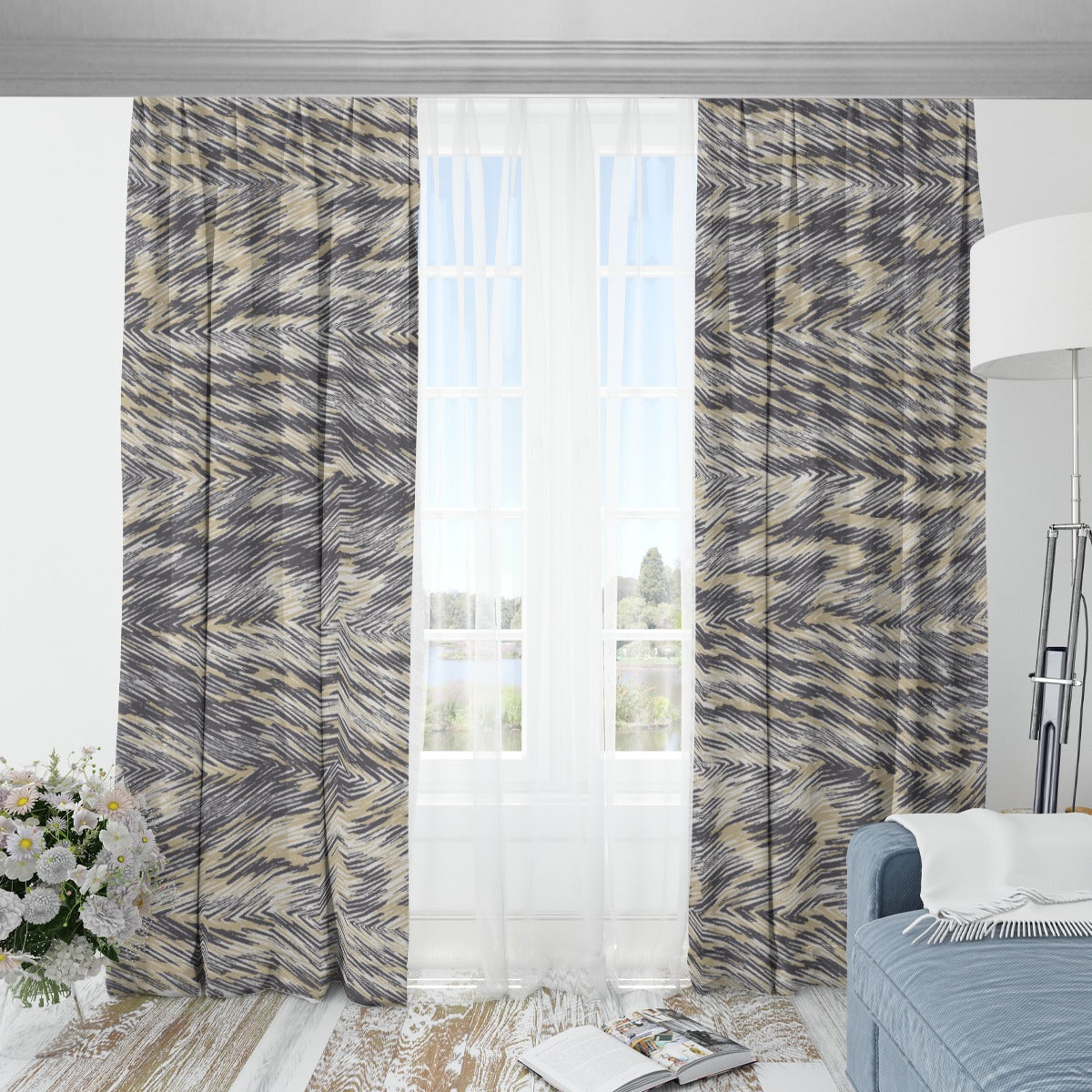 Ptahra B Squiggly Gey Line Pattern Blackout Curtains with Hooks