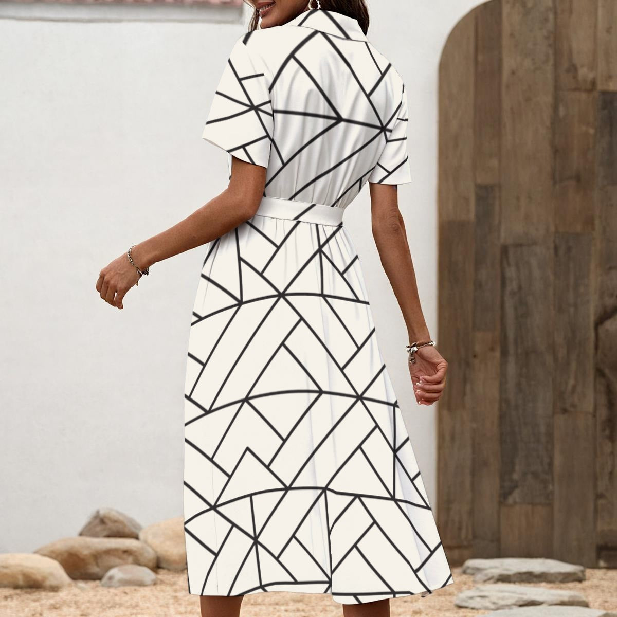 Ptahra B Women's Black Line Pattern on White Shirt Dress with Waist Tie