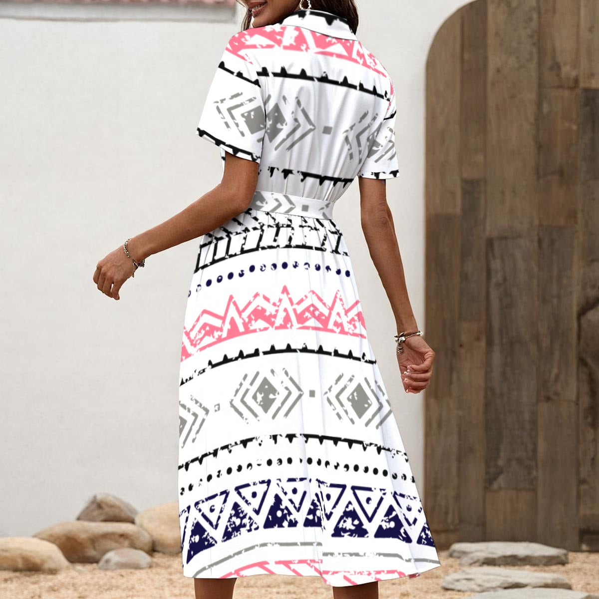 Ptahra B Women's Pink/Blue/Grey Pattern on White Shirt Dress with Waist Tie