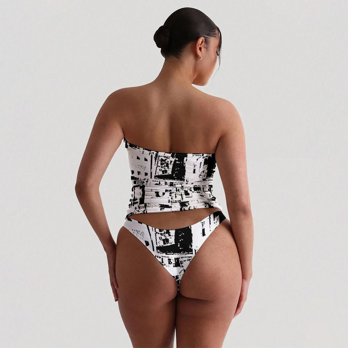 Ptahra Women's White/Black Artistic Strapless Tube Top Set