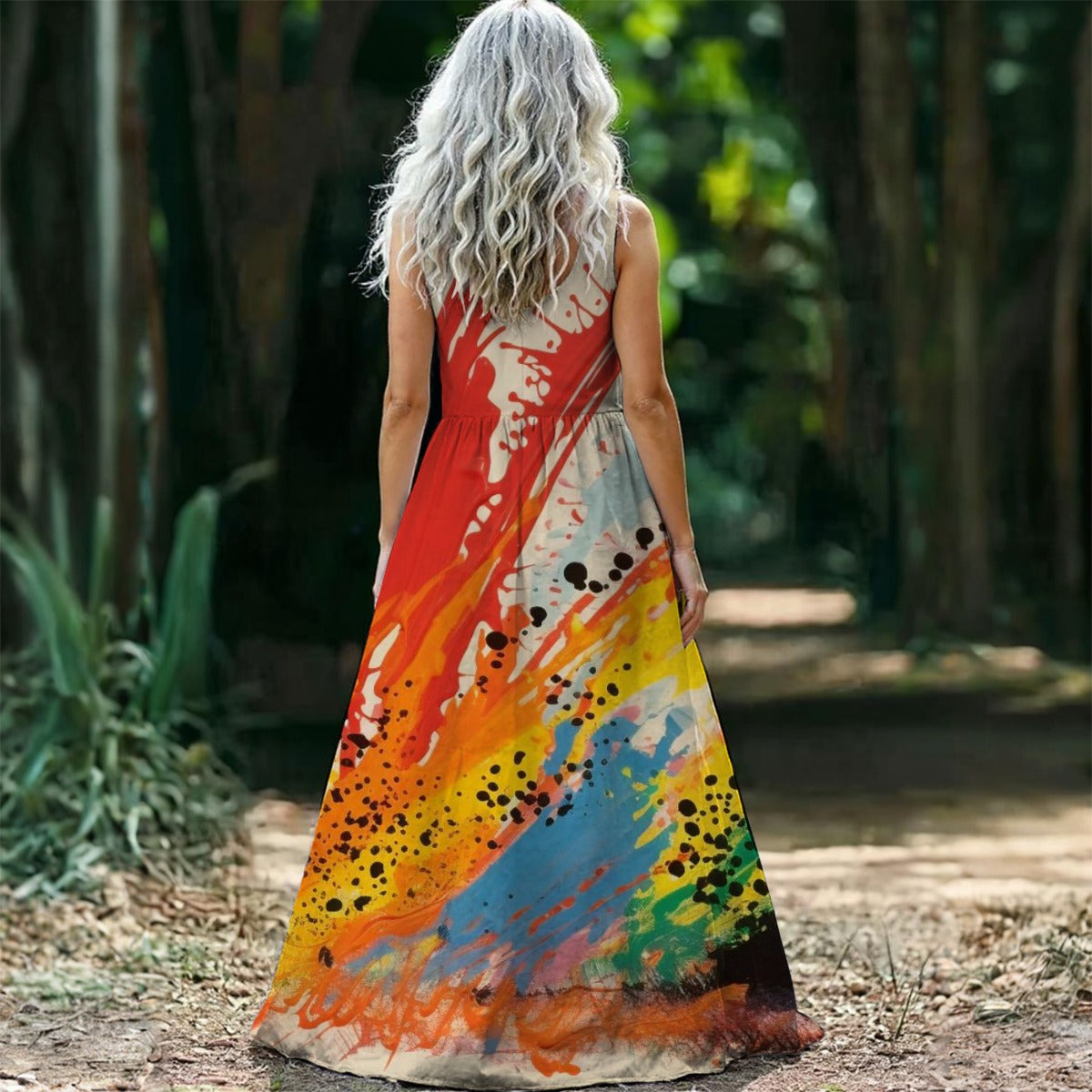 Ptahra B Women’s Bright Splash Paint Sleeveless Maxi Dress
