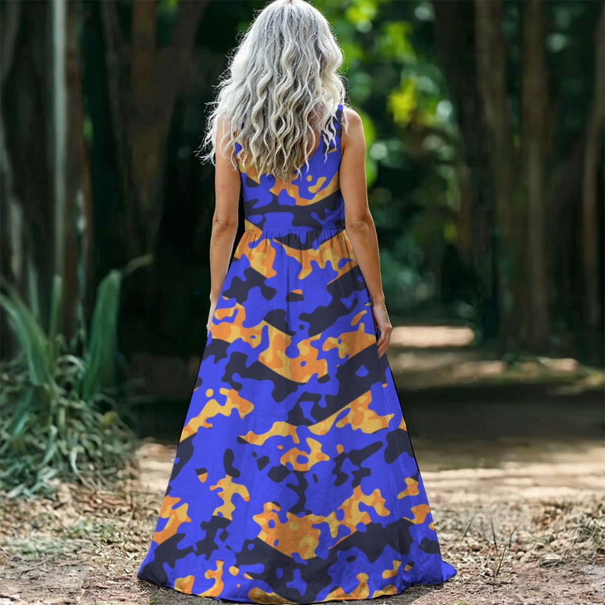 Ptahra B Women’s Zigzag with Blue Camo Sleeveless Maxi Dress