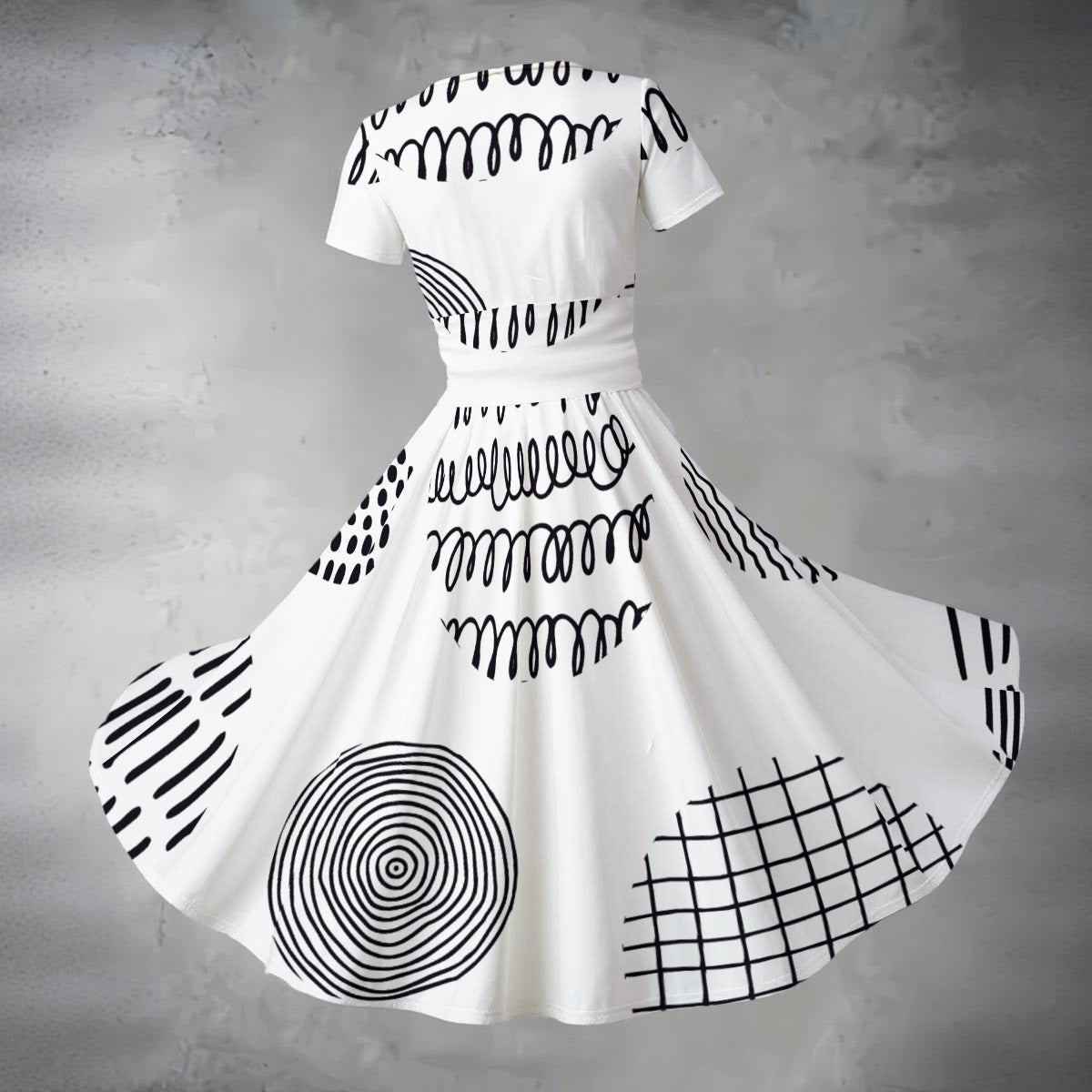 Ptahra Women's White/Black Multi-Line Patterns Short Sleeve V Neck Midi Dress