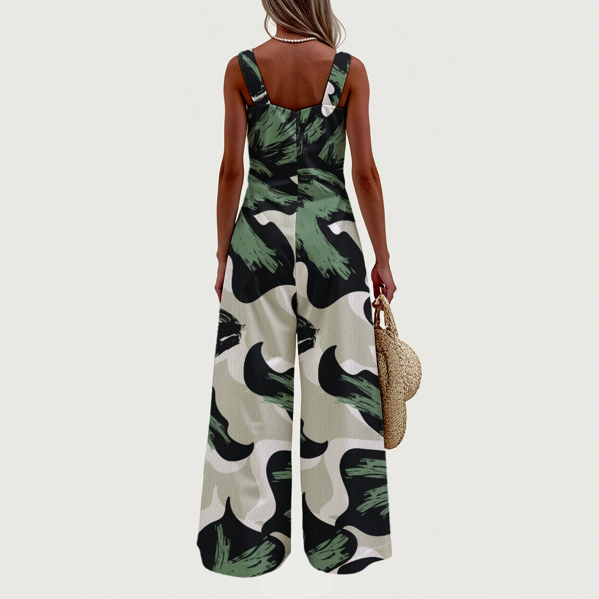 Women's Ptahra B Green Leaf Pattern Wide-Leg Jumpsuit