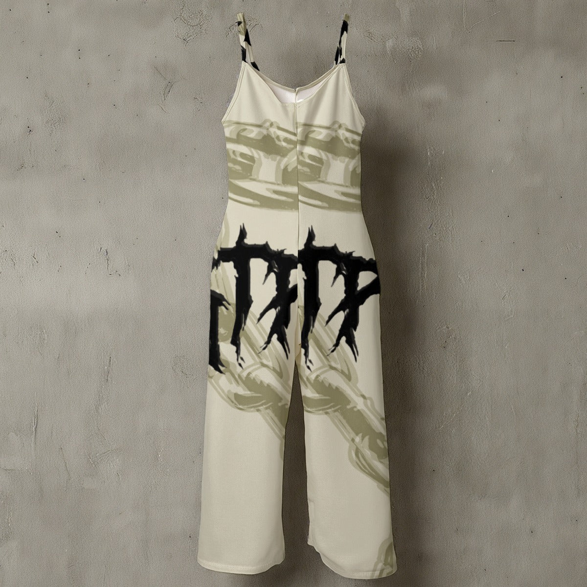 Ptahra B Women’s Green/Black Lettering Spaghetti Strap Wide-Leg Jumpsuit