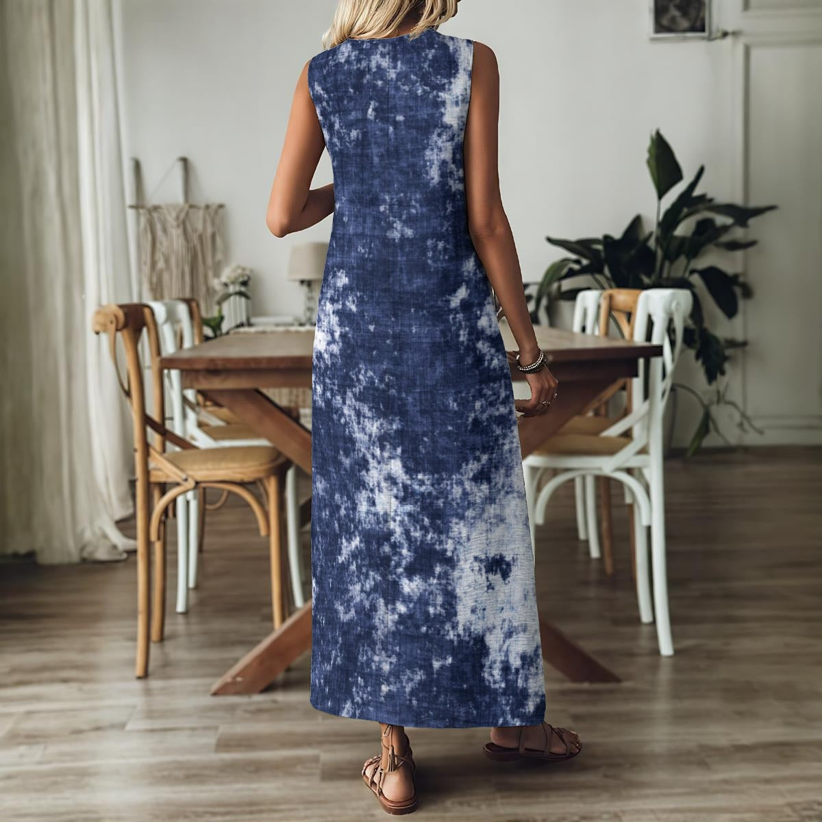 Ptahra Women's Navy Blue/White Blend V-Neck Long Dress