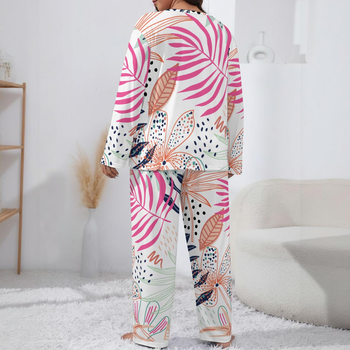 Ptahra Women’s White/Multi-Color Leaf Floral Loungewear Set