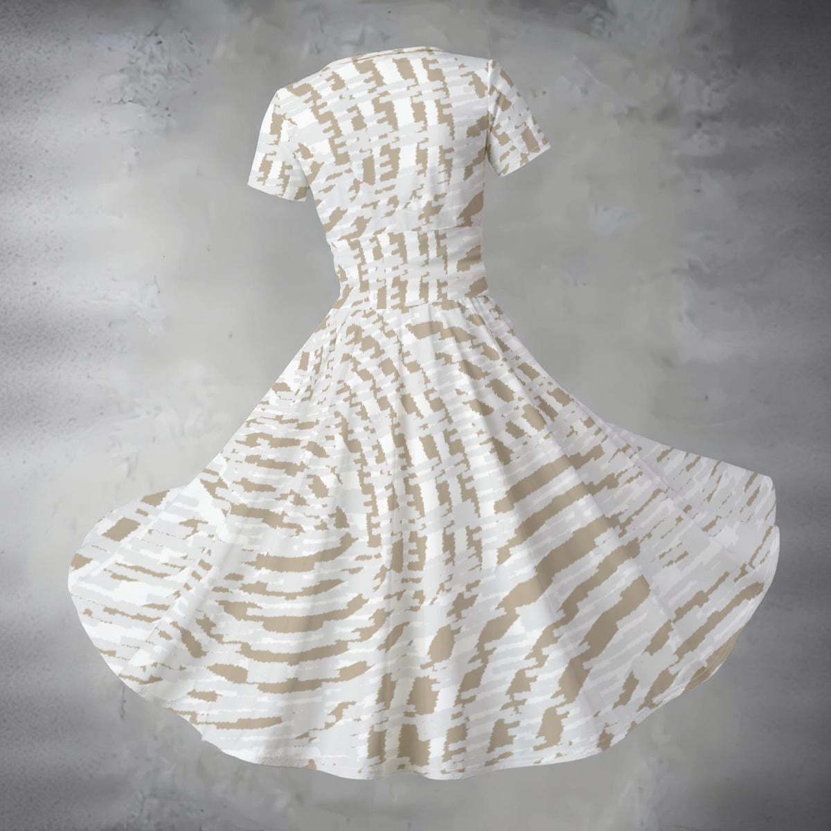 Ptahra Women's White/Light Brown Circle Line Pattern Short Sleeve V Neck Midi Dress