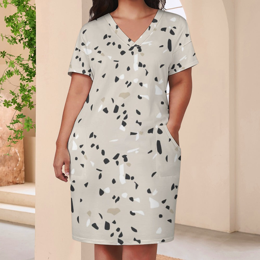Women's Beige Stone Pattern Loose Pocket Dress