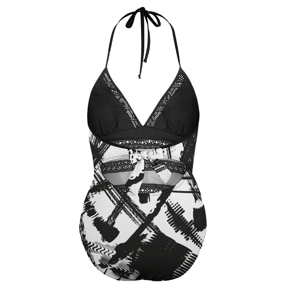 Ptahra B White/Black Graphic Pattern Plus size bikini swimsuit