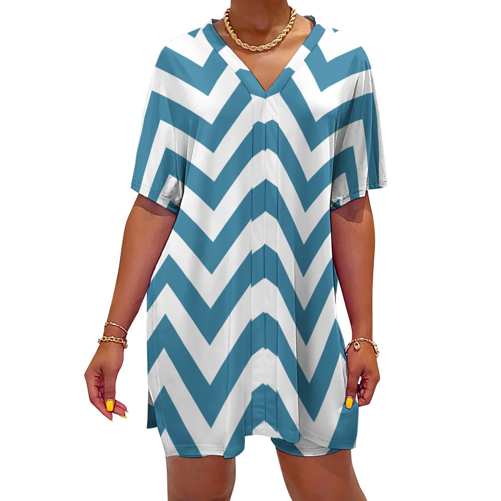 Women's White/Blue Zigzag V-Neck Bat Sleeve Two Piece Set
