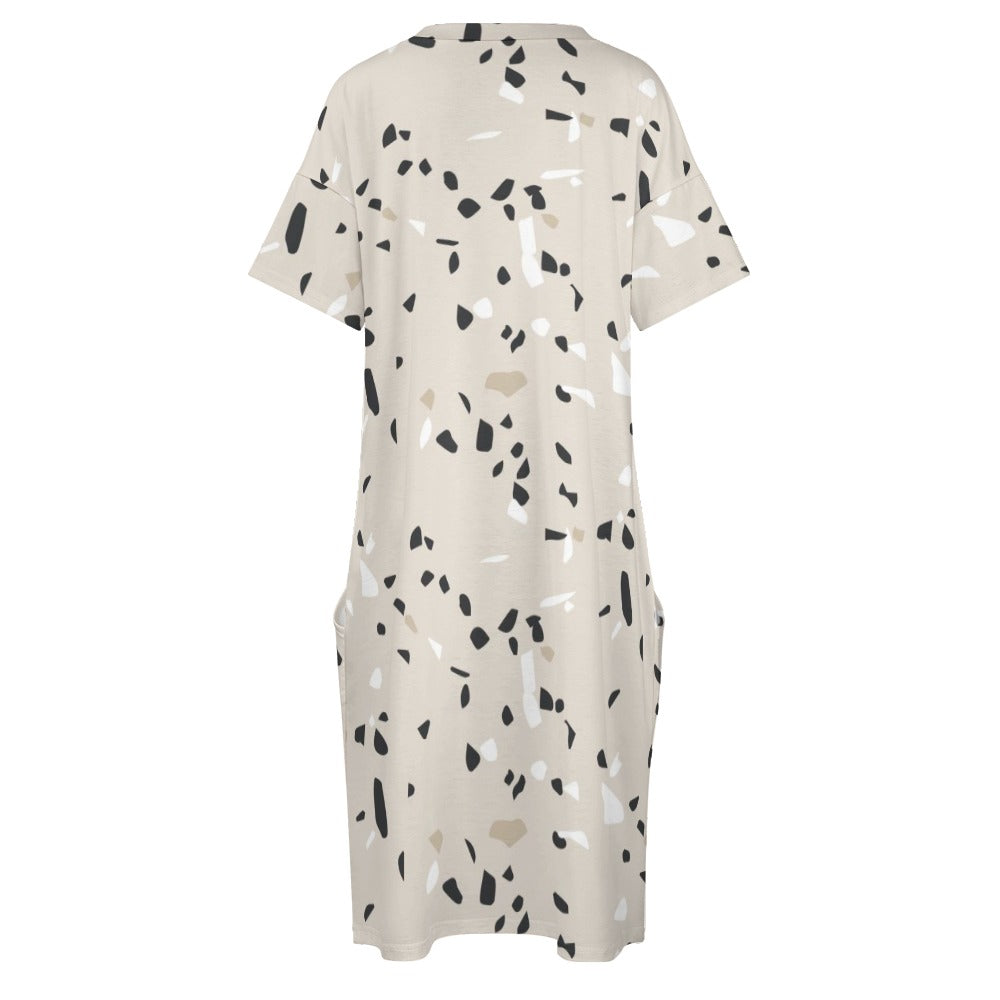 Women's Beige Stone Pattern Loose Pocket Dress