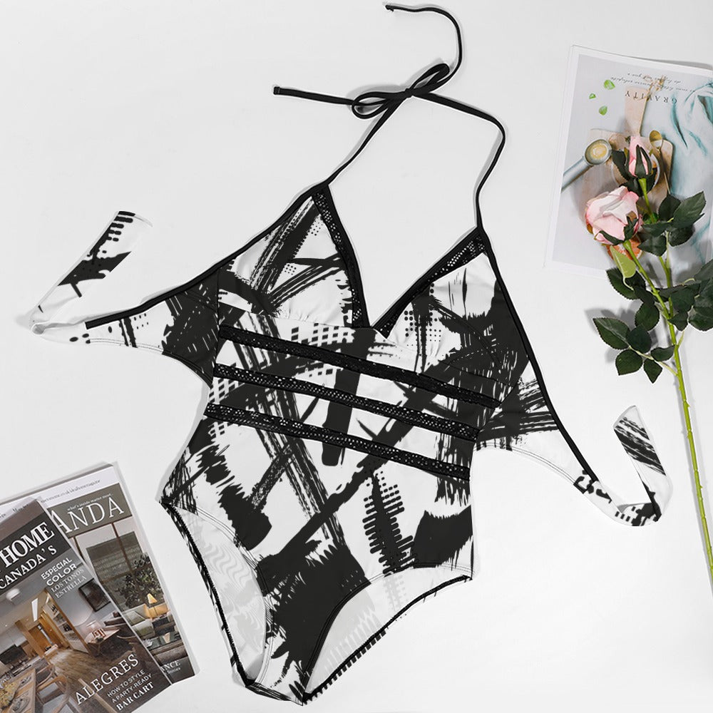 Ptahra B White/Black Graphic Pattern Plus size bikini swimsuit