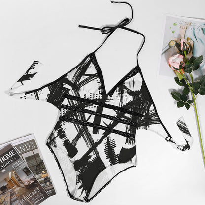 Ptahra B White/Black Graphic Pattern Plus size bikini swimsuit