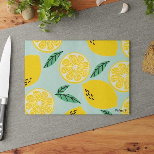 Ptahra B Citrus Lemon Glass Cutting Board | Kitchen Decor, Gift for Chefs, Cooking Essentials, Lemon Lover Gift, Summer Party Supplies