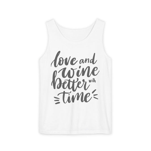 Ptahra B Love and Wine Tank Top, Unisex Garment-Dyed Tee, Summer Fashion Shirt, Perfect Gift for Wine Lovers, Relaxed Fit for Casual Wear