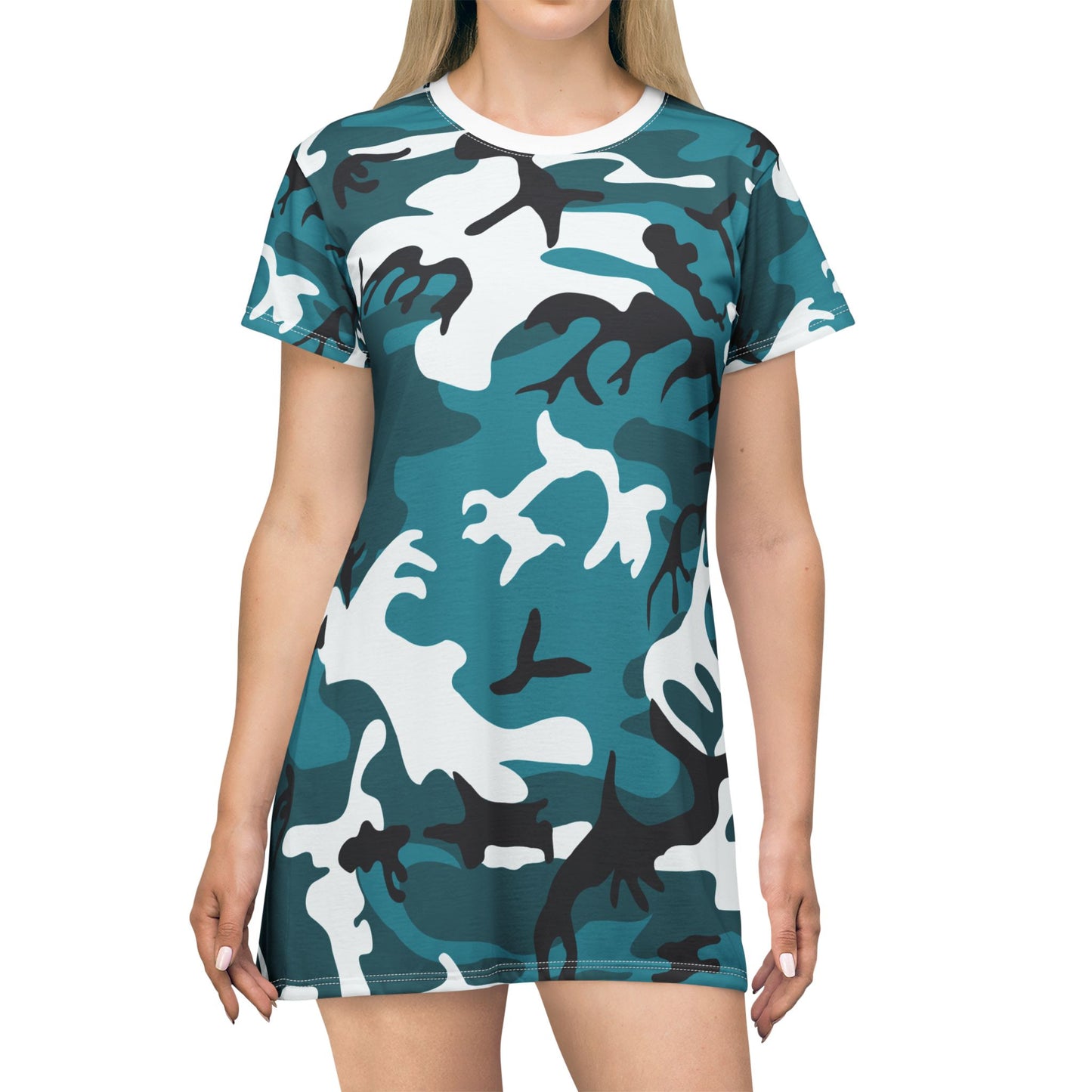 Ptahra B Stylish Turquoise Camo T-Shirt Dress