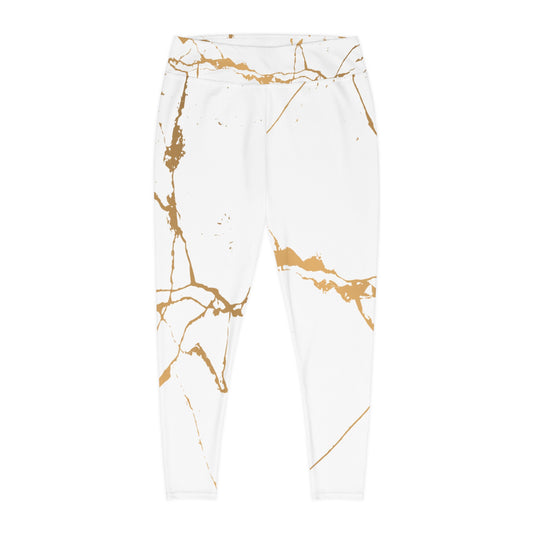 Ptahra B White Marble Print Stylish Plus Size Leggings