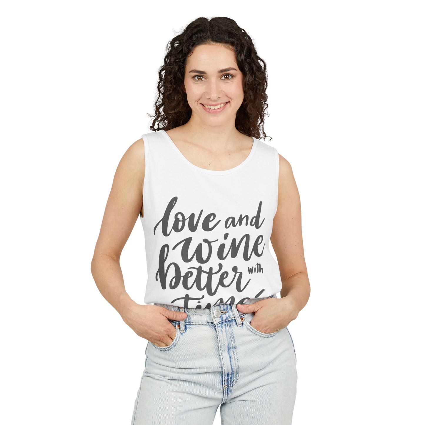 Ptahra B Love and Wine Tank Top, Unisex Garment-Dyed Tee, Summer Fashion Shirt, Perfect Gift for Wine Lovers, Relaxed Fit for Casual Wear