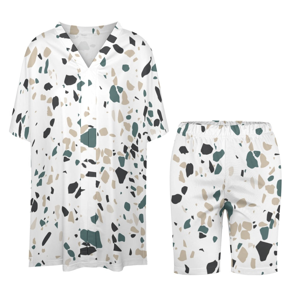 Women's Multi-Color Stone Pattern V-Neck Bat Sleeve Two Piece Set