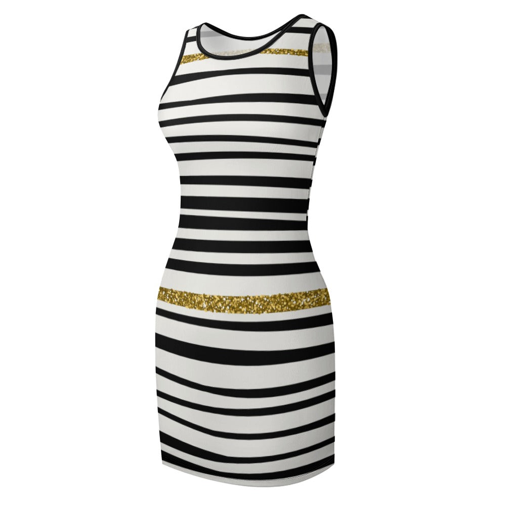 Women's White/Black Line Pattern Temperament Slim Fit Sleeveless Tank Dress