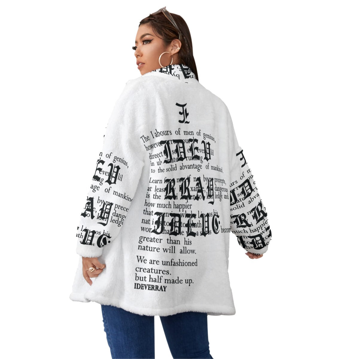 Ptahra B White/Black Writing Borg Fleece Stand-up Collar Coat With Zipper Closure(Plus Size)