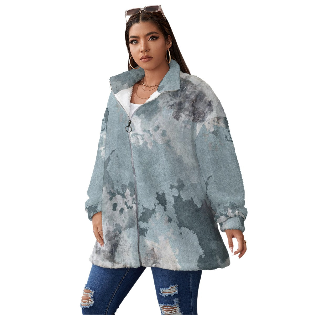 Ptahra B Multi-Grey Design Borg Fleece Stand-up Collar Coat With Zipper Closure (Plus Size)