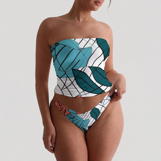 Ptahra Women's White/Blue Floral Strapless Tube Top Set