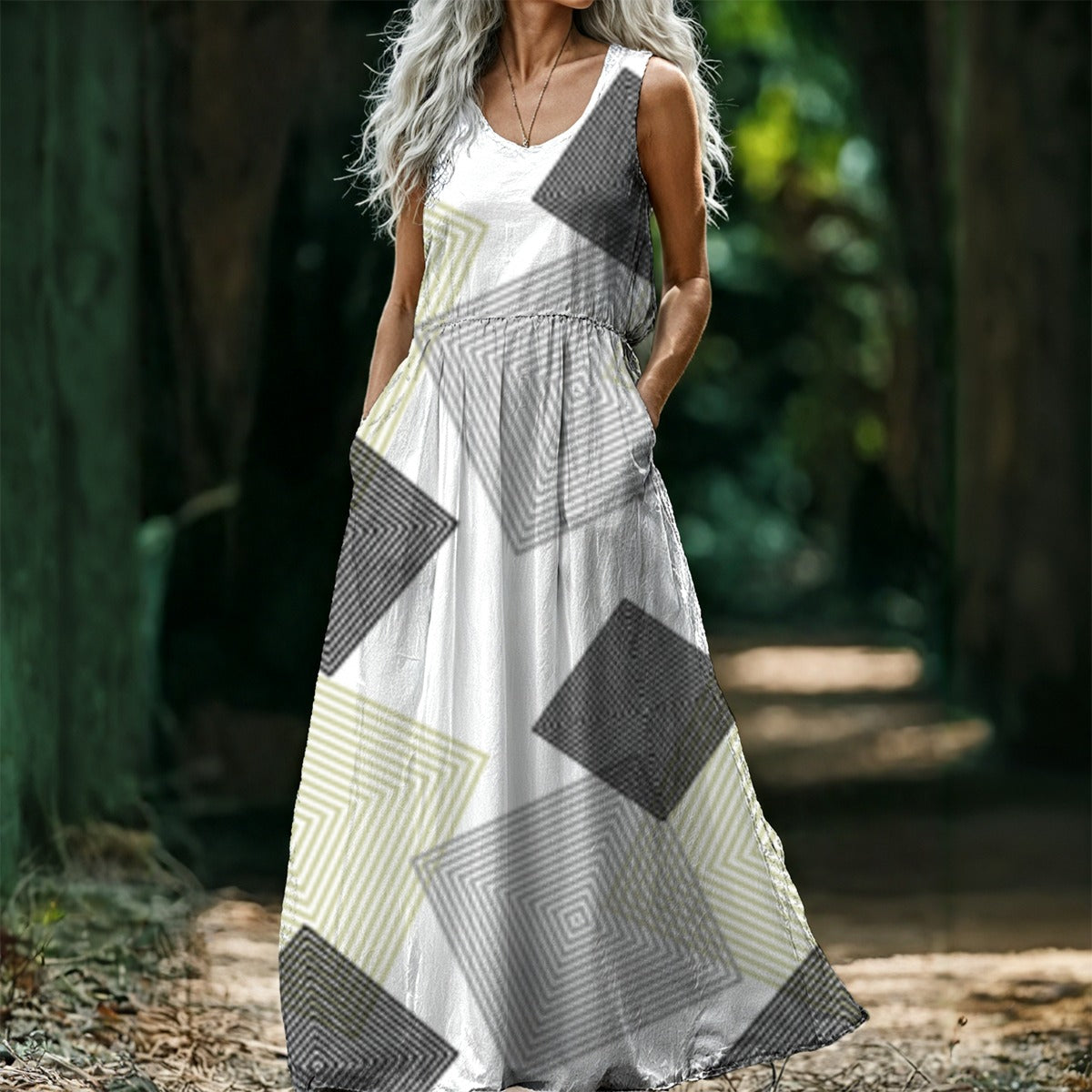 Ptahra B Women’s Grey Square Pattern Sleeveless Maxi Dress