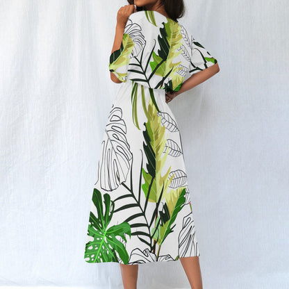 Ptahra B Women's Green Leaf Pattern on White Elastic Waist Dress