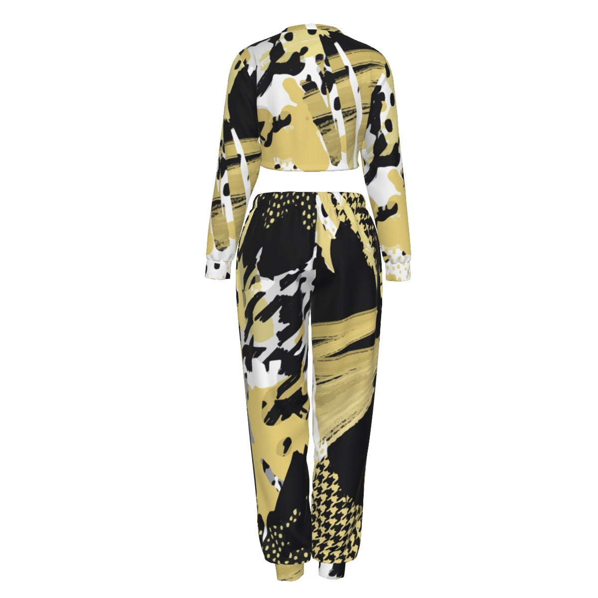 Ptahra B Women's Mustard Yellow/Black Art Crop Sweatshirt Suit