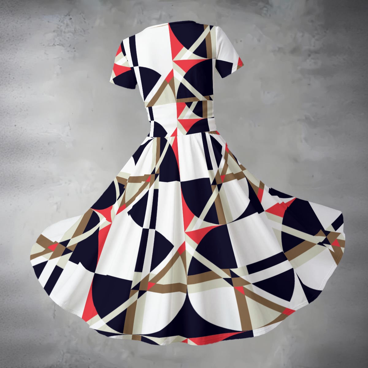 Ptahra Women's White Elegant Multi-Pattern Short Sleeve V Neck Midi Dress