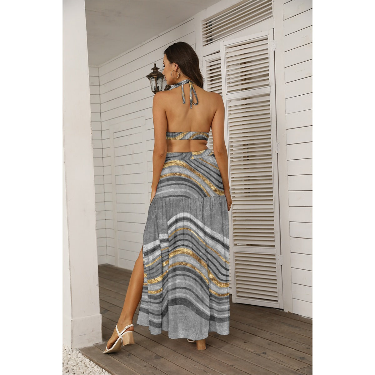 Ptahra B Women's Grey/Gold Crystal Design Tie Back Wrap Dress